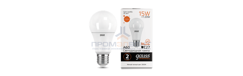 Лампа Gauss Elementary A60 15W 1320lm 3000K E27 LED 1/10/50