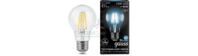Лампа Gauss Filament А60 10W 970lm 4100К Е27 LED 1/10/40